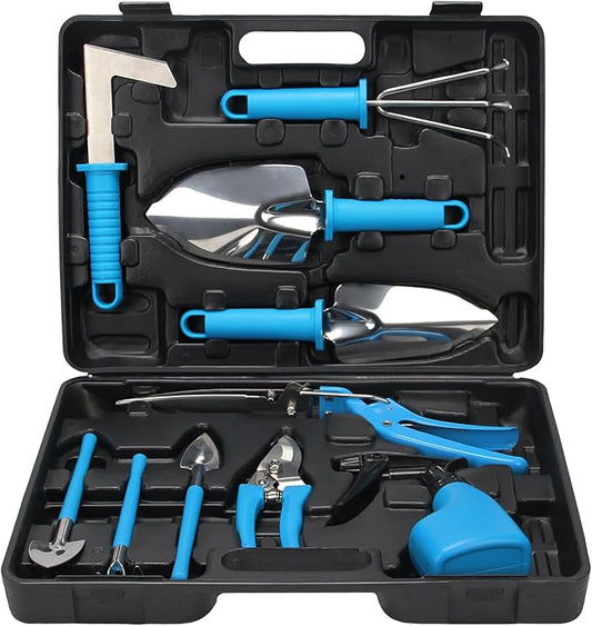 Gardening Tools Set, 10PCS Stainless Steel Gardening Planting Tools Gift Kit with Carrying Case, Trowel Rake Weeder Pruner Shears Sprayer Gardening Set