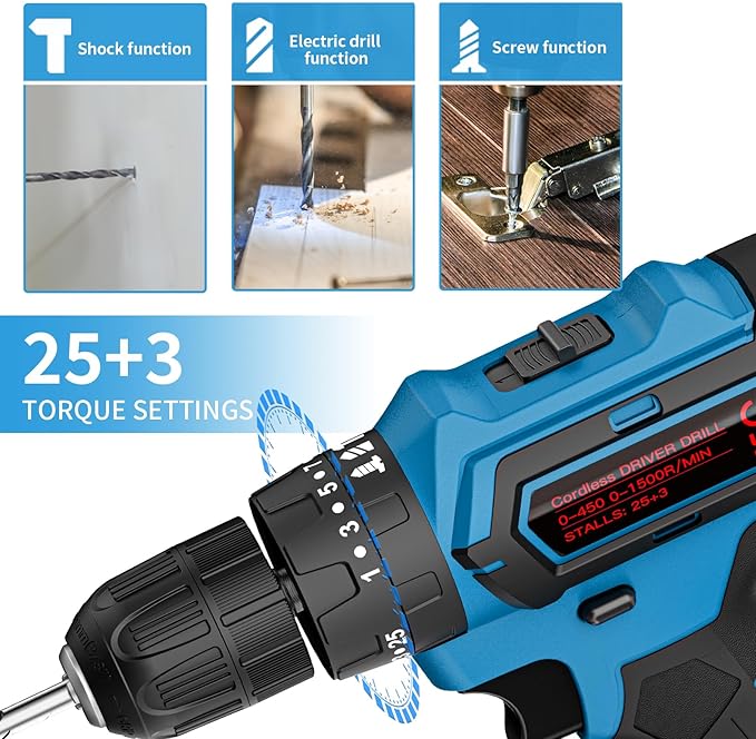 Cordless Power Drill Set with Battery and Charger, 25+3 Mini Drill 21V Electric Drill Cordless Hammer Impact Drill Set with 3/8 Inch Keyless Chuck with 2 Batteries