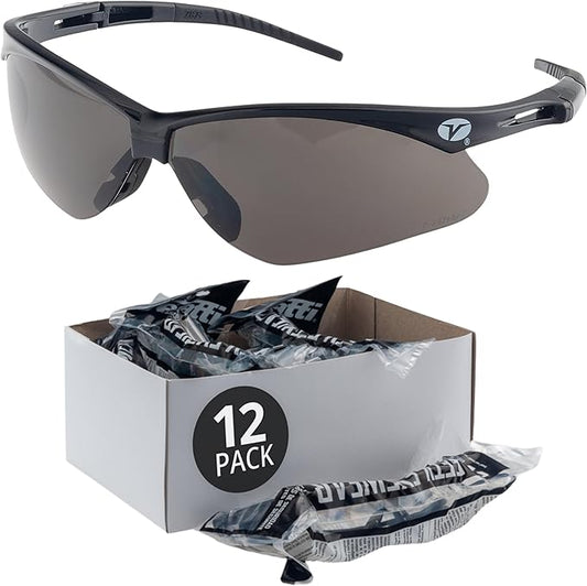 Veratti V1023N Safety Glasses, Gray Anti-Scratch Lens, ANSI Z87.1, Removable Strap, Black Frame, Impact Resistant
