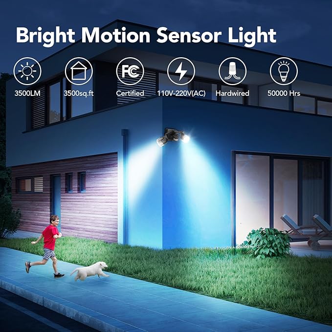 OREiN Motion Sensor Outdoor Lights, 3500LM 450° Adjustable Security Light Dimmable Dusk to Dawn Flood Lights Outdoor, 180° Motion Sensor Lights for Front Door, Garage, Stairs, Black (Hardwired)
