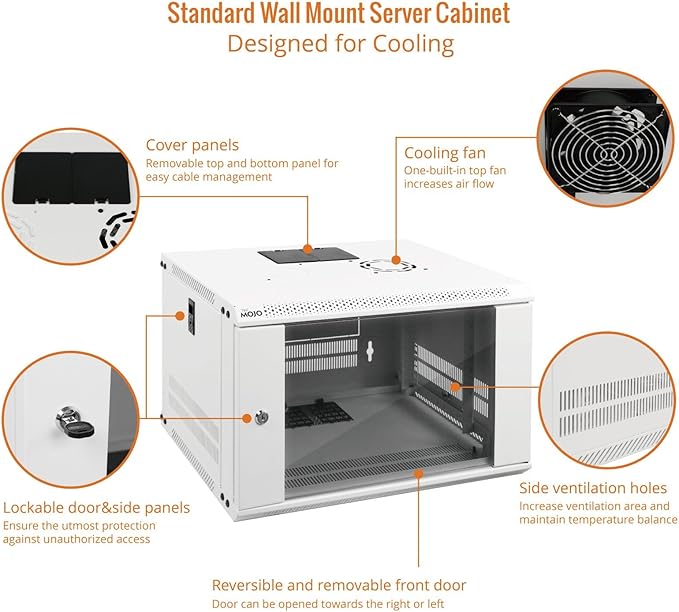 Tecmojo 6U Wall Mount Rack Network Cabinet for 19" IT Equipment,with Lockable Glass Door and Side Panels,Cooling Fan,17.7inch Depth,White