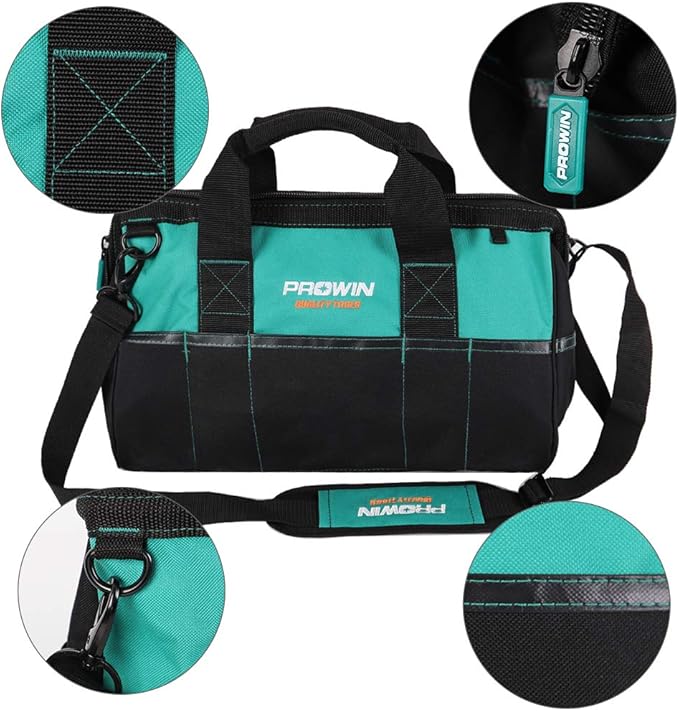 Prowin 16-inch Wide Mouth Tool Bag Multi-pocket Tool Organizer with Adjustable Shoulder Strap, Tool Tote Bag for Men