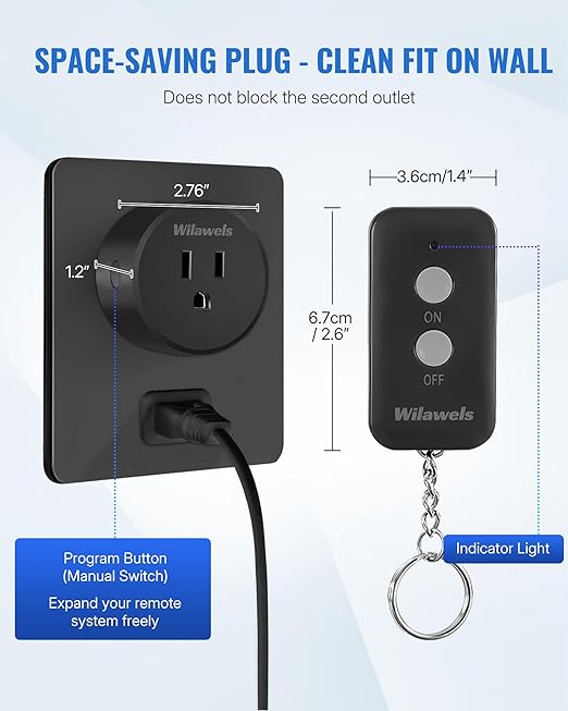 Black Remote Control Outlet, WILAWELS Wireless Remote On Off Switch for Outlet, Remote Light Switch for Lamp, Light, Programmable, 100ft RF Range, 15A/1875W, Battery Included, FCC Listed H11RC1106