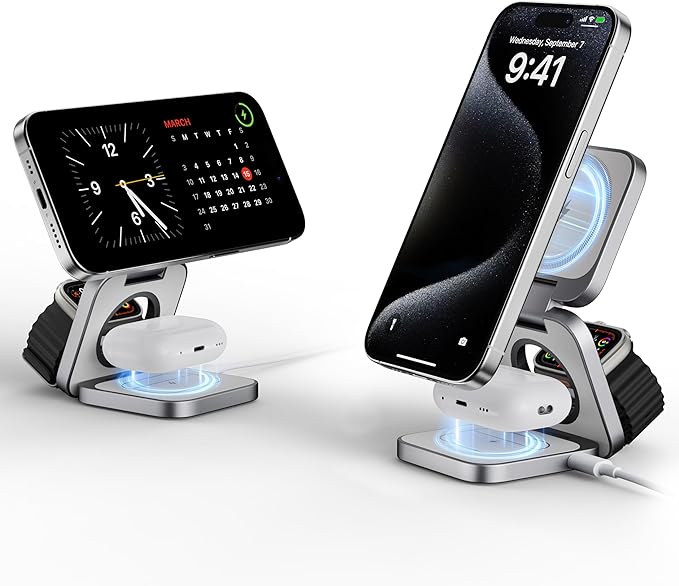 LULULOOK 3 in 1 Wireless Charger, Foldable Charging Station 15W Fast Mag-Safe Charger for Apple 15 14 13 12, 5W for Apple Watch, AirPods 3/2/Pro