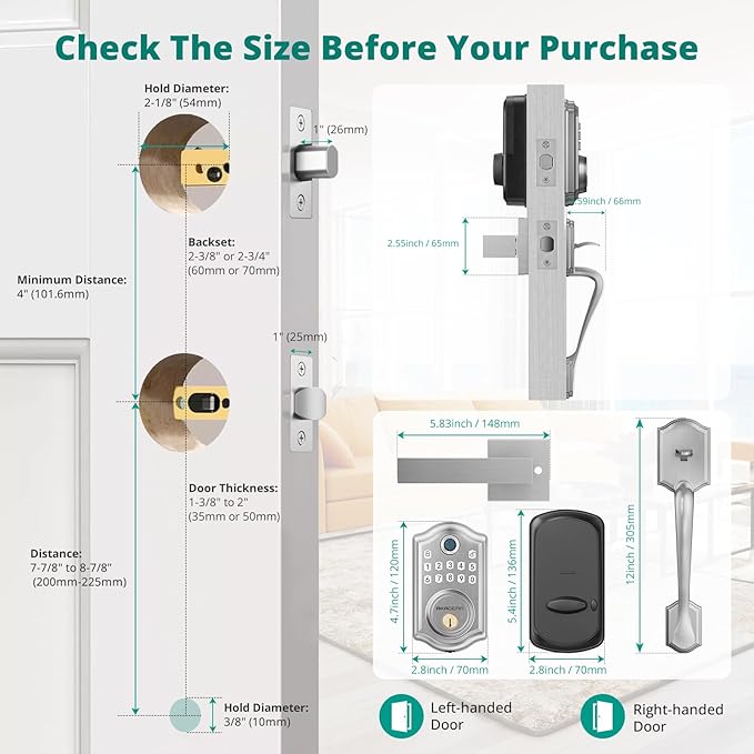 DS10 Keyless Entry Door Locks - Keypad Lock with Handle Set, Fingerprint Deadbolt, Smart Locks for Front Doors, Auto-Lock & One Touch Locking, 2 Keys, Easy Installation