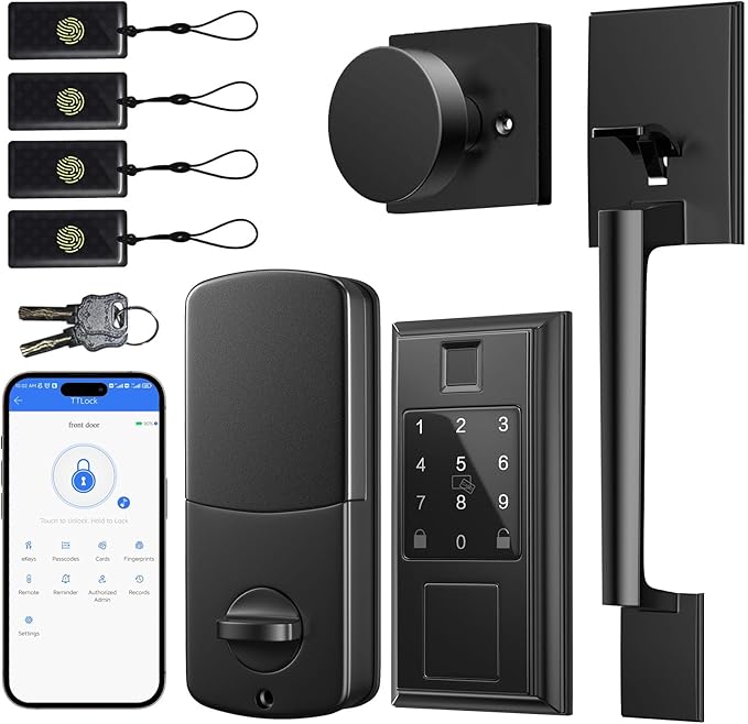 Smart Locks for Front Door with Handle Knob Set, Keyless Entry Door Lock, Fingerprint & App Control, Touchscreen Keypad Deadbolt, Auto Lock, Matte Black
