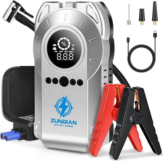 Jump Starter Tire Inflator, 6000A 12V Portable Car Battery Jumper Starter with Air Compressor 260 PSI, for Up to 10L Gas and 8L Diesel, Battery Charger Booster Pack Jump Box USB Charging LED Light