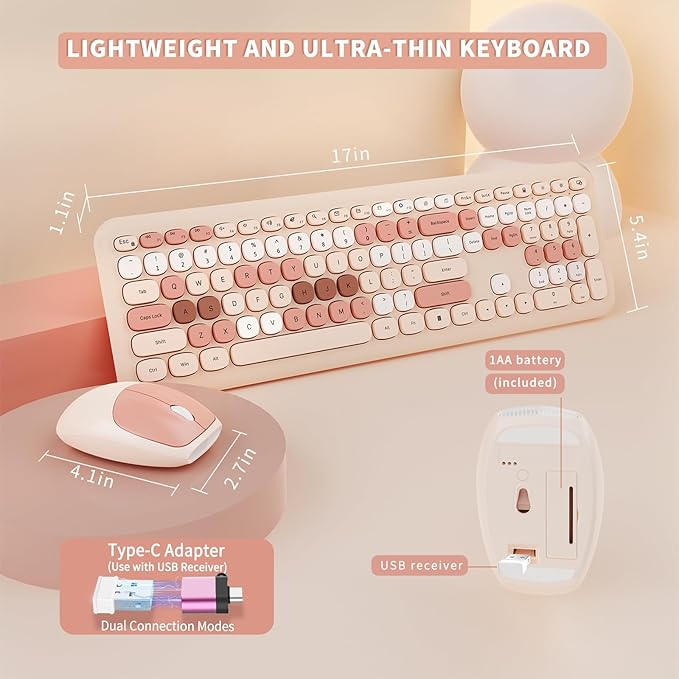 Wireless Keyboard and Mouse Combo, Colorful Ergonomic Full Size Retro Low-Noise Keyboard with Cute keycaps, Compatible with Windows, PC, Perfer for Home and Office Keyboards (Brown)