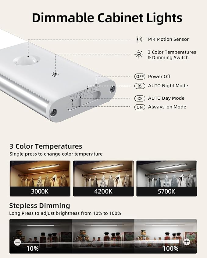 EZVALO Under Cabinet Lighting, 2-Pack Motion Sensor Lights with 3 Detachable Batteries, 76 LED Dimmable Closet Lights, 3 Color Temps, Under Counter Lights for Kitchen, Wardrobe, Pantry