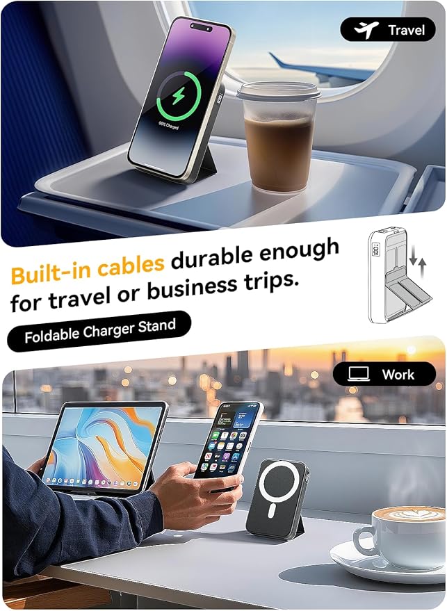 Magnetic Portable Charger, 10000mAh Wireless Power Bank with 20W USB-C Fast Charging, Foldable Stand & LED Display Magnetic Battery Pack, Compatible with iPhone 16/15/14/13/12 All Series