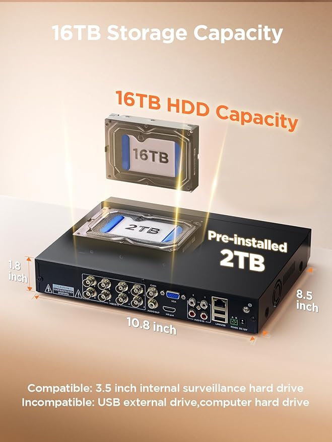 TIGERSECU Ultra HD 5MP 8 + 8 Channel Security DVR/NVR with 2TB Hard Drive, Expandable to 16 Cameras, Hybrid 6-in-1 Home Surveillance Recorder for 8 TVI, AHD, CVI, Analog, RS485 PTZ and 8 IP Cameras