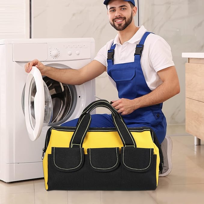 Sanwuta 3 Pack Tool Bag for Men with Waterproof Hard Bottom, Heavy Duty Tool Bag Wide Mouth Tote for Various Instrument, Electrician Carpenter Mechanic(13 Inch,Yellow)