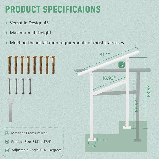 2 Pack Hand Rails for Outdoor Steps,1-2 Step Railing for Stairs,Adjustable Porch Railing,Hand Rails for Seniors,Outdoor Deck Handrails for Exterior Steps,White