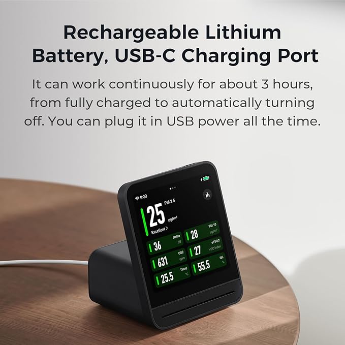 Qingping Air Quality Monitor Gen 2, Air Quality Monitor Indoor Detects PM2.5, CO2, PM10, Noise, Temperature and Humidity, New Upgraded Alarm Clock Function, Air Quality Tester for Bedroom, Smart Home