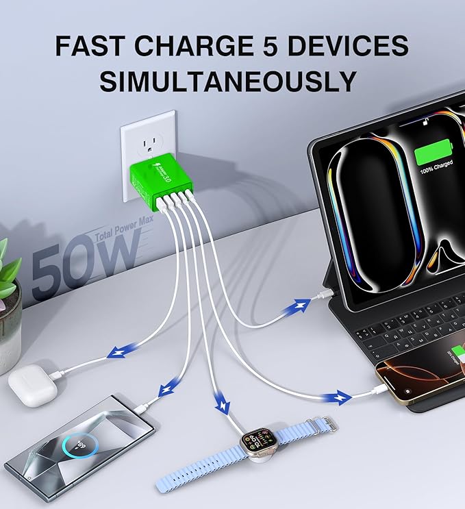 Green 2-Pack Dual Type C Power Adapter - 50W USB C Charger Block with 5-Port PD Fast Charging for iPhone 13/14/15/16/Pro, iPad, Samsung, Switch