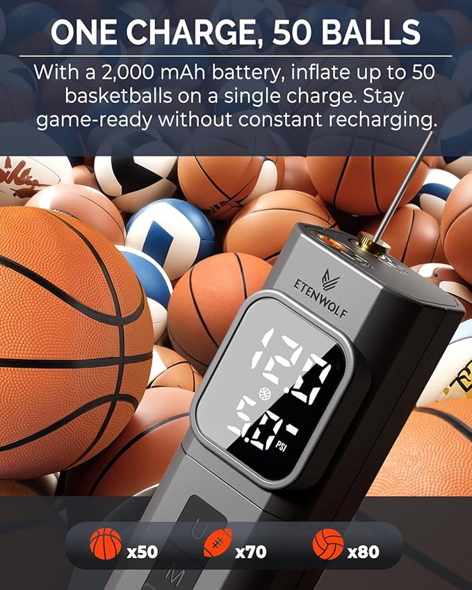 ETENWOLF P200 Electric Ball Pump 2000mAh Sports Air Pump with Digital Pressure Gauge for Basketball Soccer Volleyball