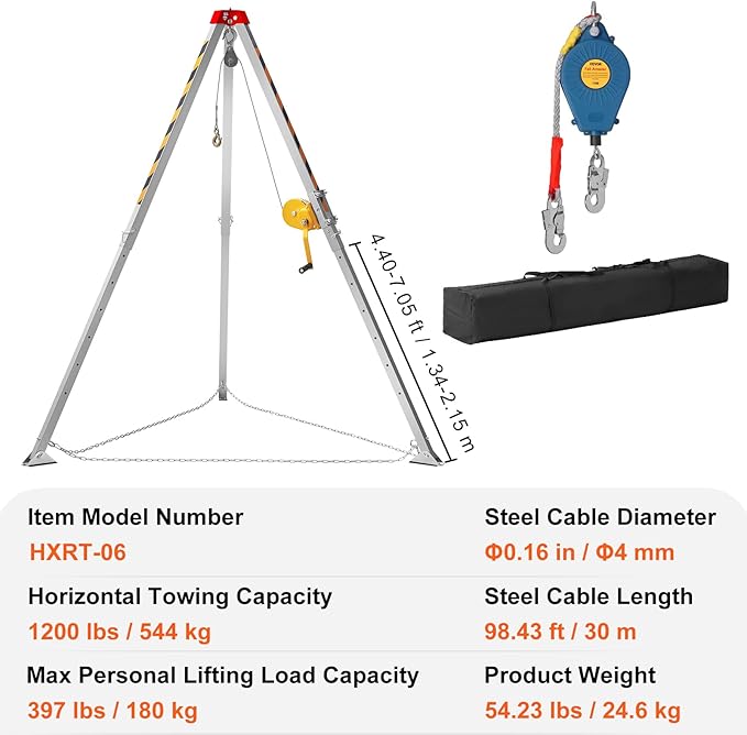 VEVOR Confined Space Tripod Kit, 1200 lbs Winch, Confined Space Tripod 7' Legs Bracket and 98' Cable, Confined Space Rescue Tripod 32.8' Fall Protection, Storage Bag for Traditional Confined Spaces
