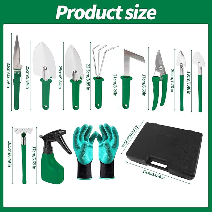 Gardening Tool Set, 11 Pieces Gardening Tools with Carrying Case, Garden Tool Kit for Digging Planting Pruning, Unique Gardening Set with Gloves for Women and Men (Green)
