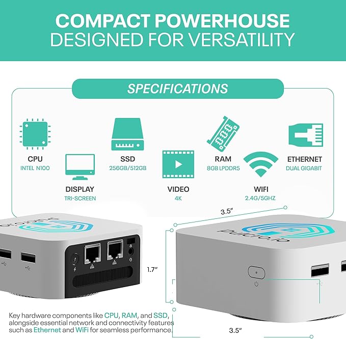 Home Assistant | Pulcro TK QBE Mini PC | N100 CPU, 8GB LPDDR5 RAM, 512GB M2 SSD, 4K HDMI, 3X USB 3.1, Dual Gigabit Ethernet, WiFi 6, BT 5 | Smart Home Automation Hub