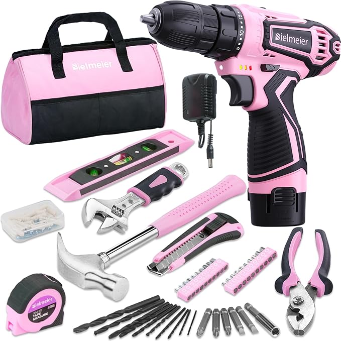 12V 82Pcs Cordless Pink Drill Set - Essential Women's Pink Tool Set, Lady's Basic Home Tool Kit with Pink Tool Bag - All in One Pink Tool Kit Ideal for DIY, Home Improvement