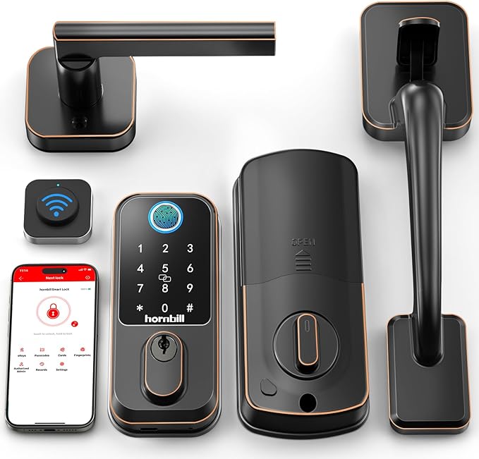 WiFi Smart Locks for Front Door: Hornbill Keyless Entry Door Lock with Handle, Fingerprint Keypad Deadbolt Front Door Lock Set, Electronic Biometric Digital Lock, App Remote Control, Oil Rubbed Bronze