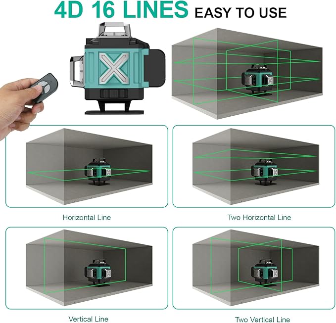 16 Lines Laser 360 Level Self Leveling, 4x360° Professional 4D Green Cross Line laser Level for Construction and Picture Hanging with 2 Batteries,Magnetic Bracket & Remote Control