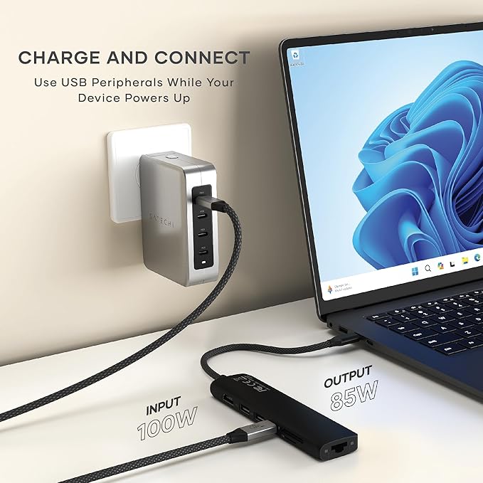 Satechi 7 in 1 USB C Hub Multiport Adapter with Ethernet, HDMI 4K@60Hz, 100W PD Charging, 2X USB-A Data Ports, Micro/SD Card Readers for MacBook Pro/Air M4–M1, iPad, iPhone, Windows - Black
