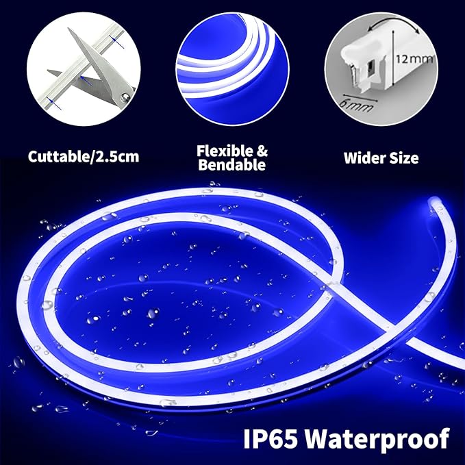 iNextStation 12V Blue LED Strip Lights 16.4FT, Flexible Silicone Neon Rope Light, Waterproof, Cuttable, Dimmable & Linkable, for Cabinet, Ceiling, Wall, Bedroom, Kitchen, Garage (No Adapter)