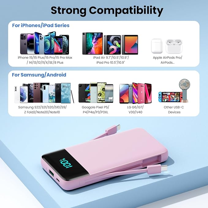 Portable Charger Power Bank with Built in Cables and Wall Plug,13800mAh Portable Battery Pack Fast Charging Compact LED Display Phone Charger Compatible with iPhone 16/15,Galaxy S23,Tablets etc