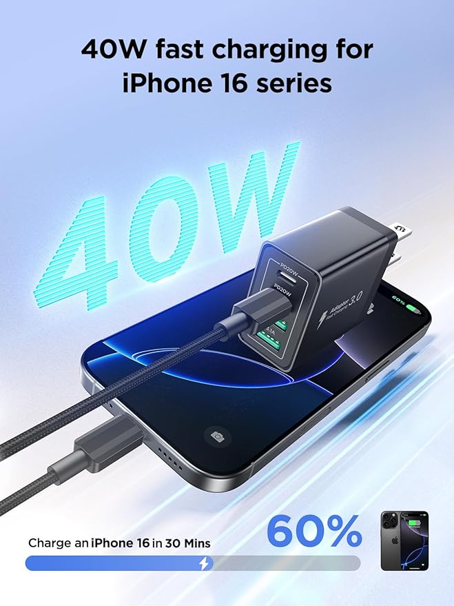 40W USB C Charger Cube, 2Pack 4-Ports Wall Plug Fast Charging Block with 6FT USBC to USBC Cord, Multiport Brick Type C Box Compatible with iPhone 16/15, Samsung S25 S24 S23, iPad, Cellphones Charger