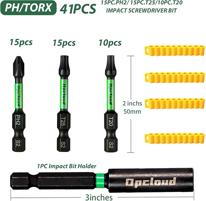 Impact Screwdriver Bit Set, 41 Pcs 2” S2 Steel PH2/T25/T20 Magnetic Tips Driver Power Bit Set with Extension Impact Bit Holder