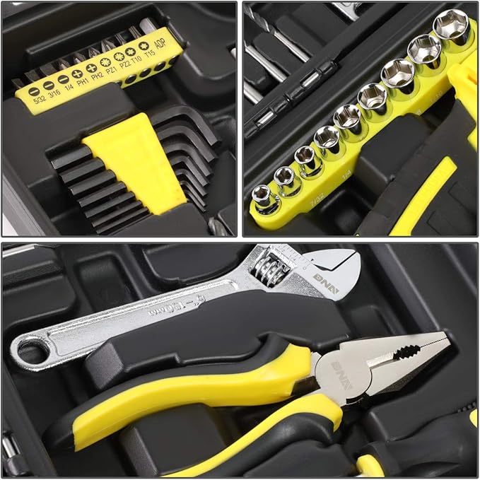 DNA MOTORING 46pcs 18V 1300mAh Cordless Drill Set, Drill Driver Home Tool Kits Combination Tool Set, Tool Kit with Drill For Home, DIY, Maintenance, Yellow, TOOLS-00019