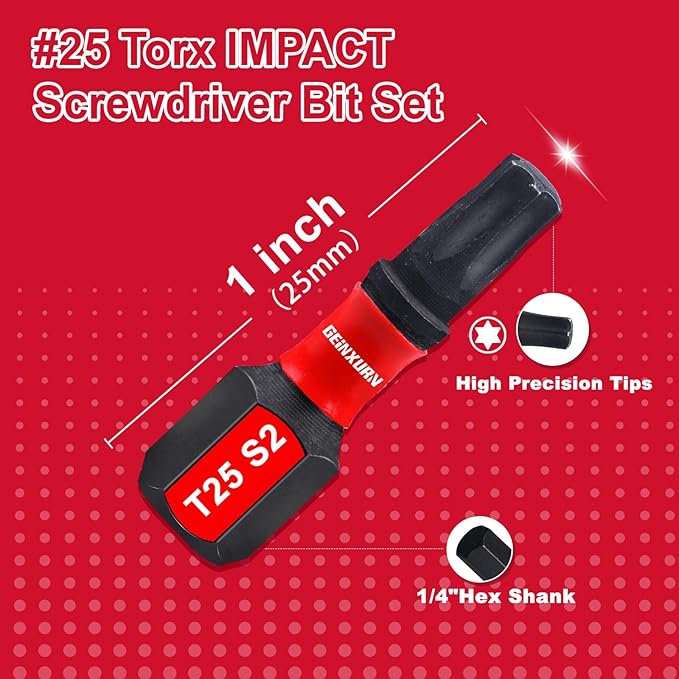 40 Pieces 1 In. T25 Impact Tough Magnetic Screwdriver Bit Set, #25 Torx Head Insert Bits, S2 Alloy Steel Star Bits with 1 Pc Impact Bit Holder and Storage M-Box