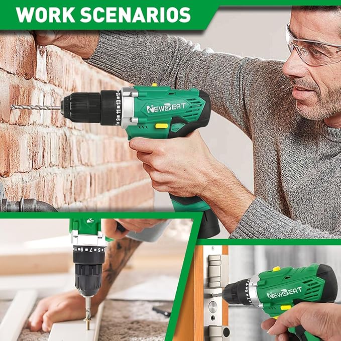 NEWBEAT Cordless Drill Set, 12V Power Drill Driver with 1 Battery and Charger, 3/8" Keyless Chuck, 2 Variable Speed, 15+1 Torque Setting, Drill Driver Kit for Home and DIY Project