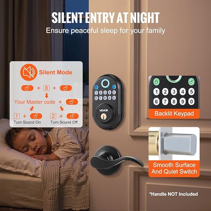 VEVOR Fingerprint Door Lock, with Fingerprint/Keypad Code/Key, One-Time and Anti-Peeking Password, Silent Mode, Constant Unlock Mode, Aluminum Alloy Panel, Electronic Keypad Deadbolt for Entry Doors