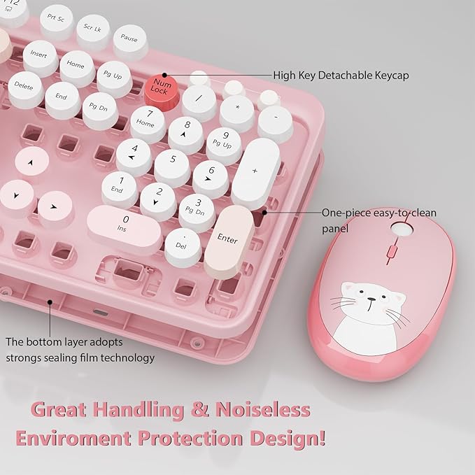Wireless Keyboard,KOOTOP Cute Colorful 104 Keys Typewriter Retro Round Keycaps Keyboard for PC Laptop,Desktop,Windows, Home and Office Keyboards (Pink)