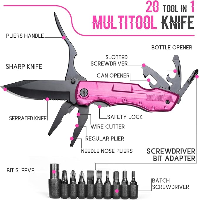 Gifts for Women Wife Girlfriend Her - Mothers Day Gifts, Pin-k Multitool Knife - Christmas Birthday Gift for Women, Anniversary, Womens Stocking Stuffers - Gift for Woman Who Have Everything