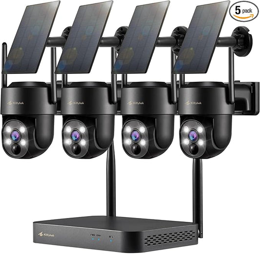 Kittyhok Black Solar Security Cameras Wireless Outdoor System, 5G/2.4G WiFi, 4pcs 2K Ultra Pan/Tilt Home Solar Security Camera with Human Detection, Spotlight, 10CH WiFi-6 NVR, 60 Days Local Storage