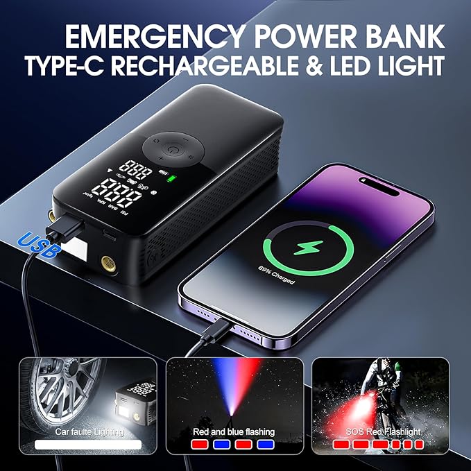 Cordless Tire Inflator,Built-in Storage Tire Inflator Air Compressor, 20000mAh 150PSI Wireless Inflatable Pump with LCD Display & Emergency Light,Battery Operated Portable Air Pump for Car Accessories