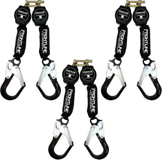 Frontline RPA062RA 6' Aramid Web Twin Leg SRL with Aluminum Rebar Hook Ends | 310 lbs Capacity | Lightweight & Durable | Aramid Fiber Webbing | ANSI & OSHA Compliant | ISO Lab Tested (3 Pack)