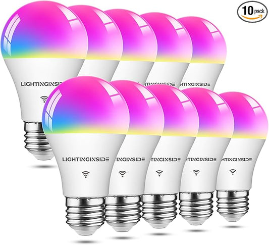 Smart Light Bulbs 10 Pack, Smart Bulb Compatible with Alexa/Google Home/Smart Life, CRI>90, RGBCW Color Changing LED Light Bulbs, 2.4G WiFi Bluetooth A19 E26 Bulb, No Hub Required, ETL Listed