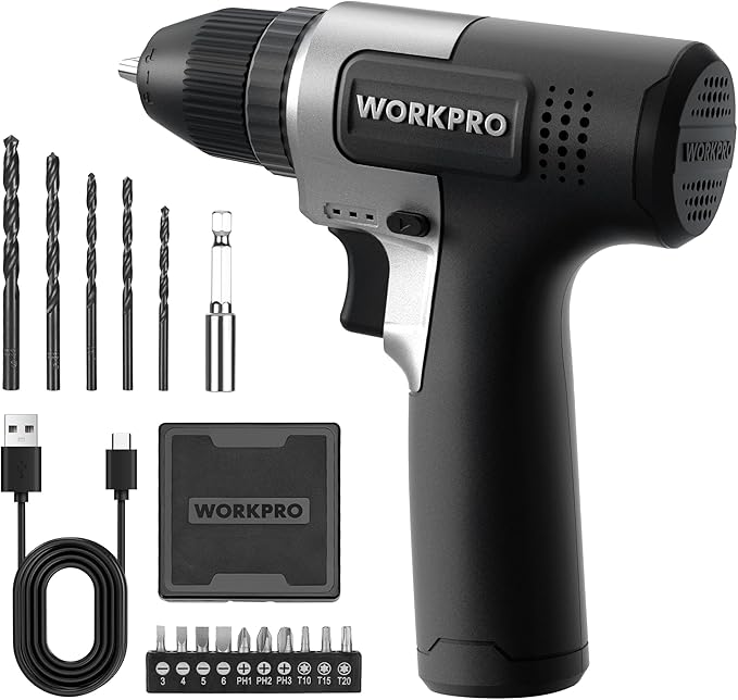 WORKPRO 8V Cordless Drill Set, 2Ah Electric Power Drill with 3/8'' Keyless Chuck, 15pcs Bits, Type-C Charging, Built-in LED and Variable Speed for Drilling and Screwing