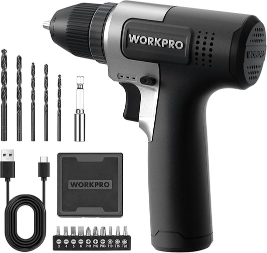 WORKPRO 8V Cordless Drill Set, 2Ah Electric Power Drill with 3/8'' Keyless Chuck, 15pcs Bits, Type-C Charging, Built-in LED and Variable Speed for Drilling and Screwing