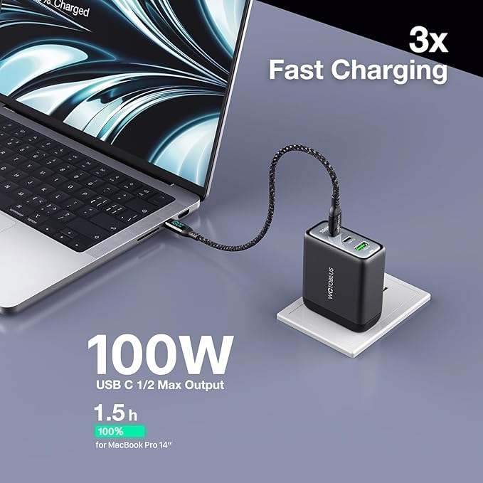 WOTOBEUS USB C GaN3 Wall Charger Block - ETL, 3 Independent Ports, PD 100W & PPS 45W Super Fast Charging, Type-C Laptops Power Adapter, Fit for MacBook iPad iPhone 16/15 Galaxy S25/S24 Pixel Motorola