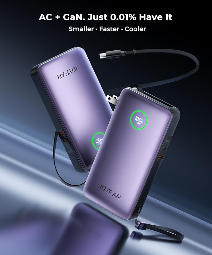 Portable Charger Power Bank - Laptop Battery Pack 65W AC Plug GaN 25000mAh Built in Cable USB C Phone Fast Charging Compatible with iPhone 16 15 14 13 12 11 X iPad MacBook Samsung (Purple)
