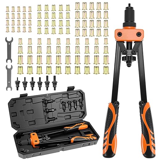 QWORK Rivet Nuts Tool Kit, 14" Hand Rivet Tool with 6 Interchangeable Mandrels and 90 Rivet Nuts, Heat-Treated Chrome Vanadium Alloy
