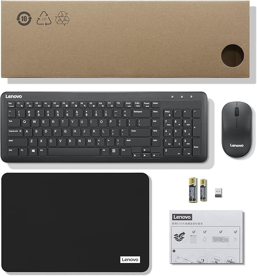 Lenovo 300 Wireless Combo Keyboard and Mouse, 2.4 GHz Nano USB-A Receiver, Batteries Included