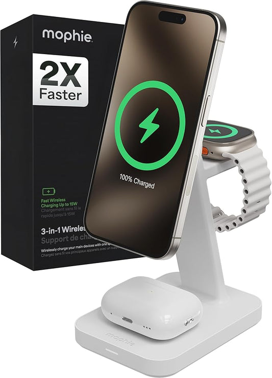 Mophie Snap+ 3-in-1 Wireless Charging Stand - MagSafe & Qi2 Certified, Compatible with iPhone 16/15/14/13/12, Apple Watch, AirPods - Multi-Device Magnetic Charging Station, Eco-Friendly Design, White