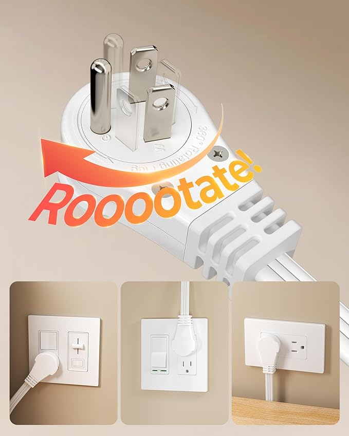 DEWENWILS 1FT 360° Rotating Flat Plug Extension Cord/Wire, 16AWG Multi 3 Outlet Extension Cord, 3 Prong Grounded Wire for Small Appliances, 2 Pack, White