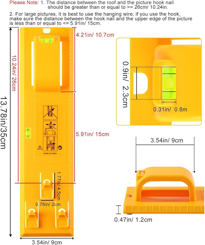 Picture Hanging Kit, Goodsnova Picture Hanging Tool with Level for Easy Marking Position, Including 218PCS Instaframe Hanging Kit with Hooks, Nails, Wires, Hammer for Art/ Photos (Yellow)